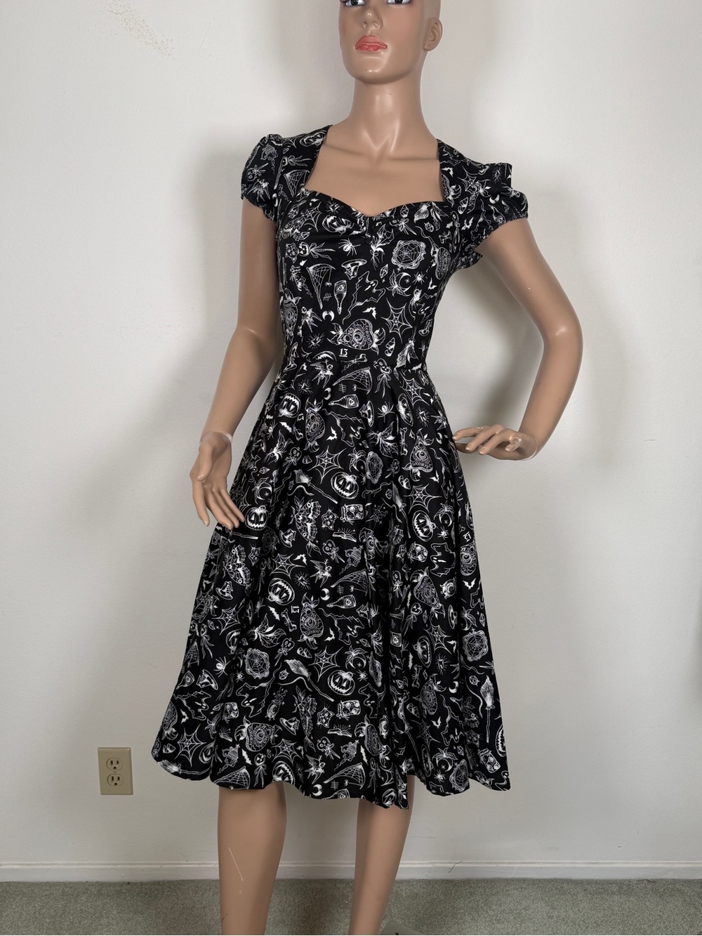 Hell Bunny Black & White Retro Sweetheart Dress Halloween print